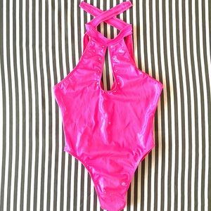 Small Neon Pink Metallic Club Halographic Bodysuit